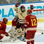Boston College junior forward Steven Whitney celebrates his first period goal; he then added an empty-netter at the end of the third, helping his team to beat Ferris State 4-1 to win the NCAA Championship in Tampa.