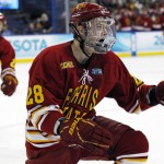 Ferris State's junior left winger Kyle Bonis celebrated the first of his two goals today in his team's 3-1 win over Union College, sending them to the NCAA Championship Game on Saturday.