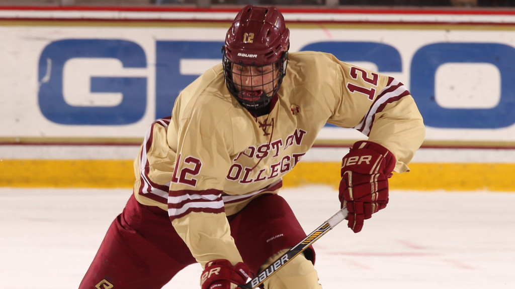 Boston College sophomore forward Alex Tuch, of Baldwinsville, NY., scored two goals in his team's 4-1 win against Harvard Friday in the late game in Worcester, MA.  Tuch is third on his team in goals scored with 19, and is tied for ninth in assists with 16.  Boston College advanced to play Minnesota-Duluth on Saturday at 6:00pm Pacific Time on ESPNU.