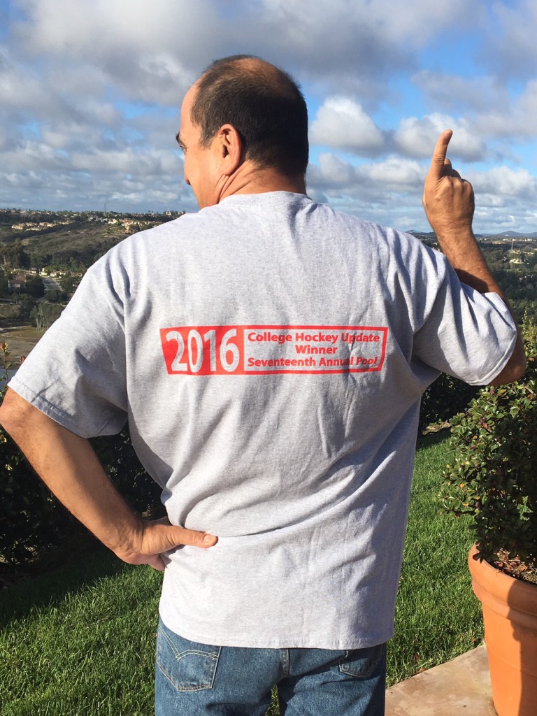 2016 College Hockey Update Pool Winner Jim Esposito models the backside of his Trophy T-Shirt, and the official, one-of-a-kind College Hockey Update Seventeenth Annual Pool Winner Logo.  Read what is really at stake in the 2016-17 College Hockey Season in today's post.  And read Jim Esposito's surprising tips that led to his success in winning it all in 2016, in his exclusive interview with The Update.