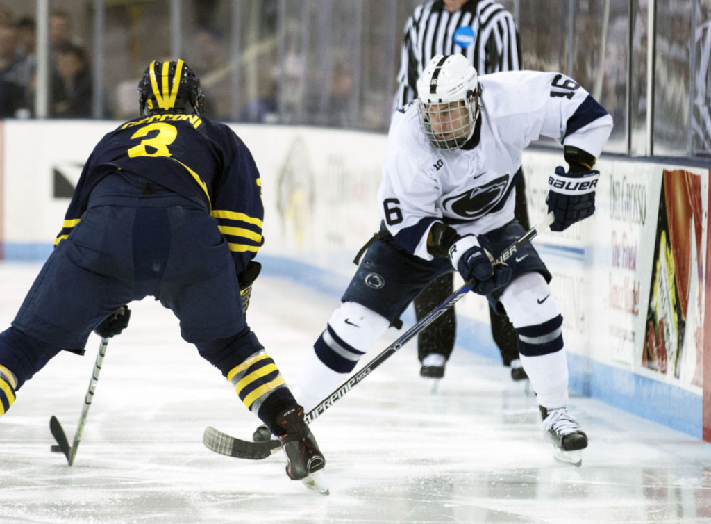 Penn State sophomore forward Andrew Sturtz, of Buffalo, NY (at right, #16 in white), scored two goals Thursday night in his team's 6-1 win, and scored a goal Friday night in his team's 5-1 win, both over Michigan.  Sturtz is first on his team in goals scored, with thirteen, and is tied for fifteenth on his team in assists, with two.  Penn State is now 13-1-1, and is ranked #3.  They will take off the rest of December, and resume play on January 6 and 7, when they travel to play Ohio State, currently ranked #10.  Read all about Sturtz and his team's wins last weekend in today's post.