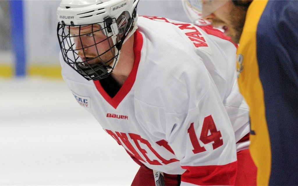 Cornell freshman forward Mitch Vanderlaan, of Hanwell, N.B. (shown here in an October game against Merrimack College), scored a goal in his team's 4-2 win over St. Lawrence Friday night, and scored a goal and added an assist in his team's 3-3 tie with Clarkson Saturday ngiht.  Vanderlaan is first on his team in goals scored,, with twelve, and is tied for third in assits, with eleven.  Cornell is 17-6-4, is ranked #9 in the poll, and will finish out their regular season ECAC schedule this weekend when they host R.P.I. Friday night, and then host #7 Union College Saturday night.  Read all about Vanderlaan and Cornell in today's post.