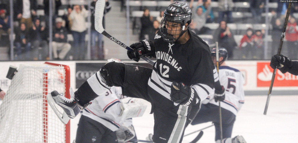 Providence College sophomore forward Erik Foley, of Mansfield, MA, exults after scoring the game winning goal for his team Saturday night.  Foley notched a hat-trick, and added an assist in his team's 4-3 win which gave them the sweep of Connecticut for the weekend.  Foley is first on his team in goals, with thirteen, and is tied for fifth in assists, with thirteen.  Providence College has a nine game winning streak, is 18-8-4, and is ranked #10 in this week's poll.  Read all about Foley and Providence College in today's post.