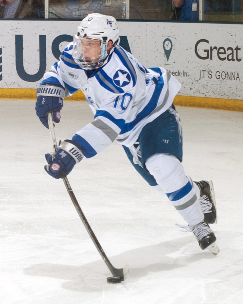 Air Force Academy junior forward Jordan Himley, of Mundelien, IL, scored the winning goal, and added an assist, in his team's 2-1 win for the Atlantic Hockey Championship over Robert Morris University Saturday night in Rochester, NY.  Himley leads his team in goals scored, with twenty, and it tied for seventh in assists, with thirteen.  Air Force is 