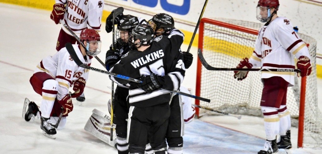 Providence sophomore Josh Wilkins, of Raleigh, NC. (pictured here celebrating a goal against Boston College in a game last year), scored a goal in his team's 4-1 win at Boston College Friday night, and he scored the first goal of the game in his team's home ice 2-2 tie with Boston University Saturday night.  The 5'11" 180lb forward is fourth on his team in goals scored, with nine, and is fifth in assists, with ten.  Providence is 15-7-2, is ranked #10, and plays next in a two game home-and-home series against the University of Connecticut, starting Thursday, January 18th in Hartford, and concluding on Saturday the 20th at Providence.  Read all about Wilkins and his Providence team in today's post.