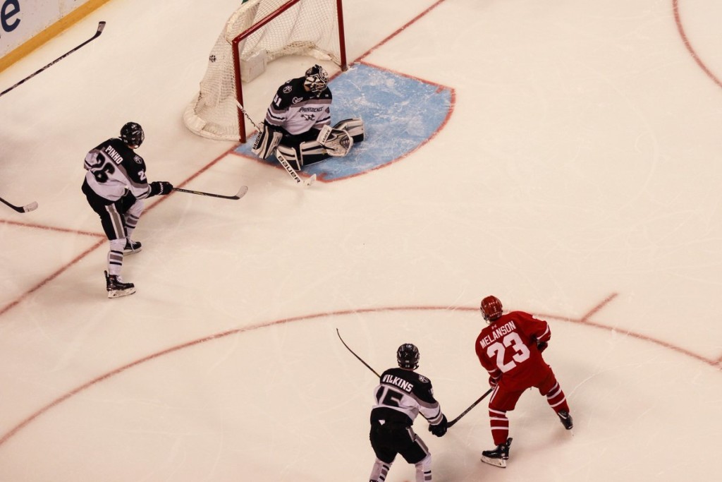 Boston University senior forward Drew Melanson, of Paramus, NJ., scored this