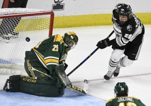 Providence sophomore forward Kasper Björkqvist, of Espoo, Finland, scored this early first period goal that stood up to give Providence a 1-0 win over Clarkson Friday in the NCAA Tournament.  Björkqvist also scored the only Providence goal, again early in the first period, against Notre Dame on Saturday, as Providence lost 2-1 in second round action of the Eastern Region in Bridgeport, CT.