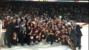 The Minnesota-Duluth team on the ice after winning the 2018 NCAA Championship.