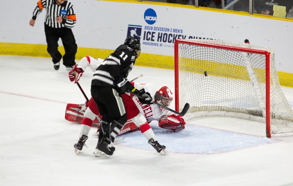 In the third Regional Final, played Sunday, in Providence, R.I., in the Eastern Region, Providence sophomore forward Greg Printz, of Fairfax, VA., scored this goal early in the second period, that proved to be the game-winning goal, that gave Providence a 1-0 lead.