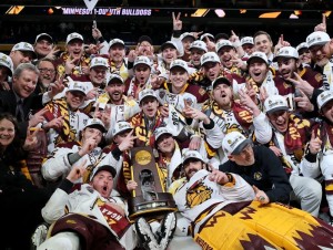 The Minnesota Duluth team on the ice after winning the 2019 NCAA Championship game yesterday, Saturday, April 13th, in Buffalo, N.Y.