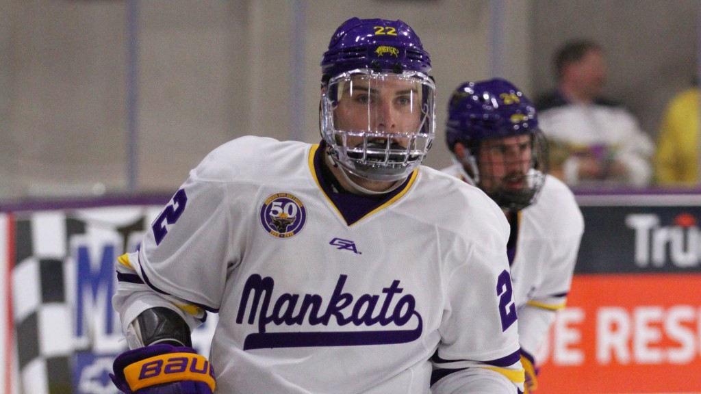 Mankato State junior forward Dallas Gerads, of Blaine, MN., scored one goal in his team’s 3-2 home win Friday night, and scored another goal in his team’s 2-4 home loss Saturday night, both against Bemidji State.