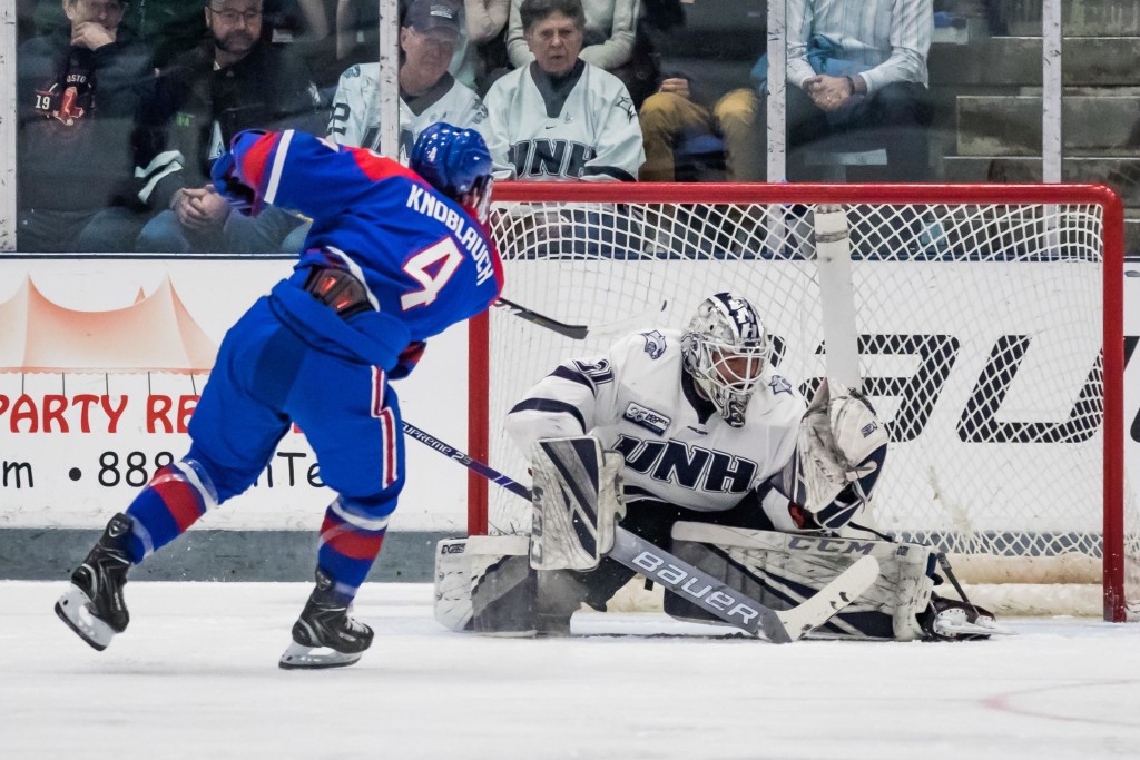 UMass-Lowell sohomore forward Sam Knoblauch, of Rochester, MI., was denied on this shot, but did score a goal in his team's 3-2 win at New Hampshire Saturday night, and he scored a goal in is team's home 2-2 tie against New Hampshire the night before.  The 6'1" 195lb forward is tied for twelfth on his team in goals scored, with three, and is tied for fourteenth on the team in assists, with three.  UMass-Lowell, 17-10-6, and ranked #12, will play the final game of their regular season Friday night  when they host University of Connecticut.  You can read all about Knoblauch and his UMass-Lowell River Hawks team in today's post. 