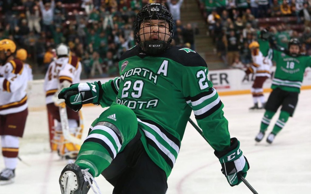 North Dakota senior forward, and captain, Jordan Kawaguchi, of Abbotsford, B.C., scored two goals and added four assists over four games in the last week. The 5’9? forward is tied for third on his team in goals scored, with two, and is tied for first in assists, with five. North Dakota, 3-0-0 (not including a loss and a tie since the poll), and ranked #1, plays an astounding five games over the next nine days:  One against #3 Minnesota-Duluth; Two against #13 St. Cloud State; One against Western Michigan; and One against Miami of Ohio.