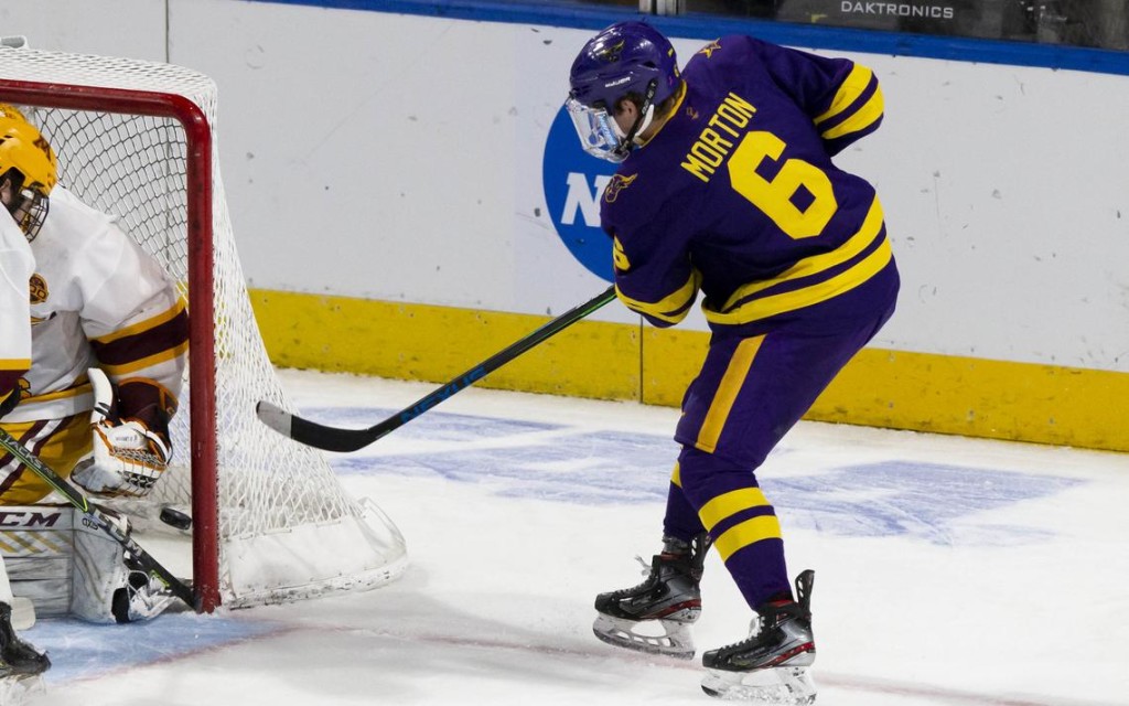 Mankato State junior forward Sam Morton, of Lafayette, CO., scored this, the first, and game winning goal, helping his team to beat Minnesota 4-0 in second round action of the NCAA Tournament in Loveland, CO., yesterday.  Mankato State, now 22-4-1, and ranked #5, advanced to the Frozen Four in Pittsburgh, where they will face #7 St. Cloud State in a semifinal game on Thursday, April 8th, at 2:00pm Pacific Time, on ESPN2.