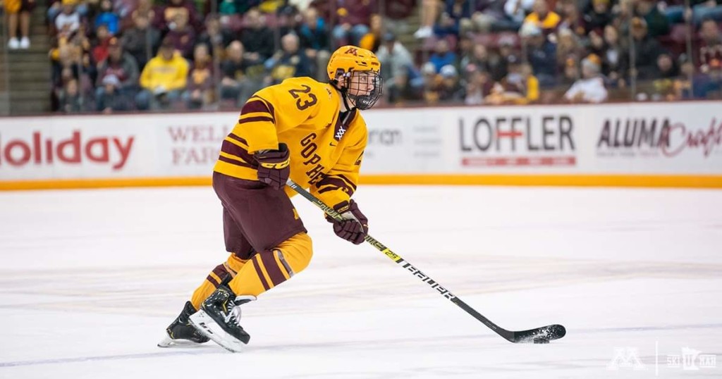 Minnesota sophomore defenseman Ryan Johnson, of Irvine, CA, scored a goal and added an assist to help his team beat Nebraska-Omaha 7-2 in opening round action of the NCAA Tournament in Loveland, CO. yesterday.  