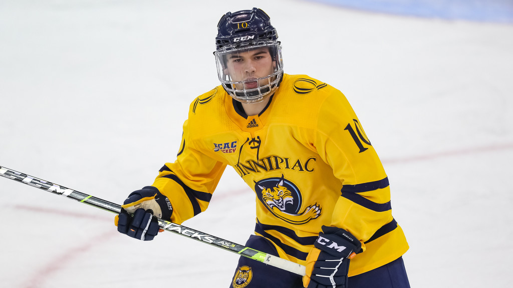 Quinnipiac junior forward Ethan de Jong, of North Vancouver, B.C., is tied for first on his team in goals scored, with fourteen, and is third on the team in assists, with fifteen.  As a sophomore, the 5' 11" 180 lb forward tied for fourth on the team in goals, with seven, and tied for sixth in assists, with eleven; as a freshman, he was sixth on the team in goals, with ten, and was eighth on the team in assists, with fifteen.  I assume North Vancouver is just North of Vancouver, B.C.; if you find otherwise, let me know.  Quinnipiac University, 17-7-4, and ranked #11, will face #5 Mankato State on Saturday, March 27th, at 