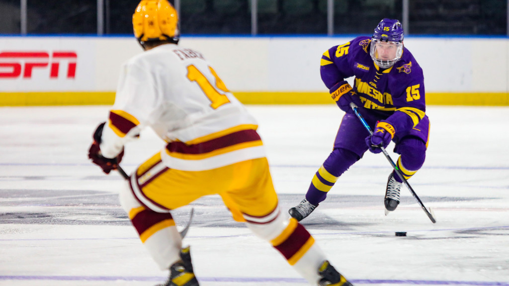 Mankato State junior forward Julian Napravniknik, of Bad Nauheim, Germany, is tied for first in goals scored on his team, with ten, and is first in assists, with seventeen.  Mankato State, 22-4-1, and ranked #5, faces #7 St. Cloud State tomorrow at 2:00pm Pacific Time on ESPN2 in the first Frozen Four semifinal game.