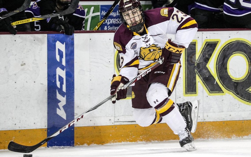 Minnesota Duluth senior forward Nick Swaney, of Lakeville, MN. (often referred to as "Cakeville"), is tied for first on his team in goals scored, with thirteen, and it second on the team in assists, with fourteen.  Minnesota-Duluth, 16-10-2, and ranked #9, will face Massachusetts tomorrow at 6:00pm Pacific Time in the second semifinal game of the Frozen Four.