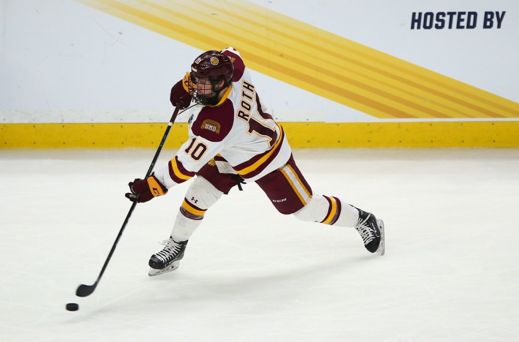 Minnesota-Duluth fifth-year forward Kobe Roth, of Warroad, MN., scored a goal and added an assist in his team's 5-1 home win Friday night, and tallied an assist on the winning goal in his team's 1-0 OT win at home Saturday night, both against Alaska-Fairbanks.  The 5'9" 175lb fifth-year forward is fifth on his team in goals scored, wtih three, and is second in assists, with seven.  Minnesota-Duluth, 10-3-1, and ranked #1, plays next