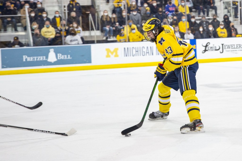 Michigan freshman defenseman Luke Hughes, of Canton, MI., scored two goals in his team's 5-3 win Friday night, and scored another goal in his team's 3-0 win Saturday night, as Michigan swept Ohio State.  Hughes is tied for second on his team in goals scored, with sixteen, and is tied for fifth in assists, with sixteen.  Michigan, 25-7-1, and ranked #2, 