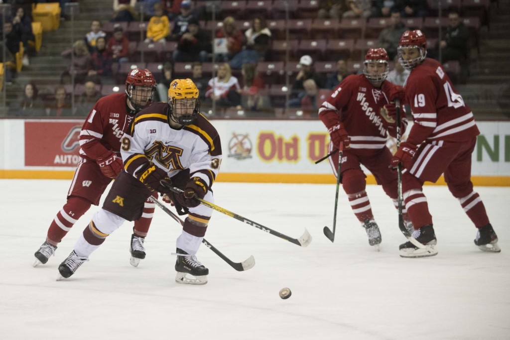 Minnesota junior forward Ben Meyers, of Delano, MN. scored three goals Friday night, and added another goal, and an assist, Saturday night, as his Minnesota team hosted and roasted the  Badgers of Wisconsin in an overwhelming sweep.  The 5'11" 200lb forward is first on his team in goals scored, with fifteen, and is second in assists, with nineteen.  Minnesota, 23-11-0, and ranked #2, has a bye-weekend as the top seed, and awaits the lowest-ranked team to advance out of  the other six Big Ten teams, which are facing off in quarterfinal, best-two-of-three pairs this weekend.  