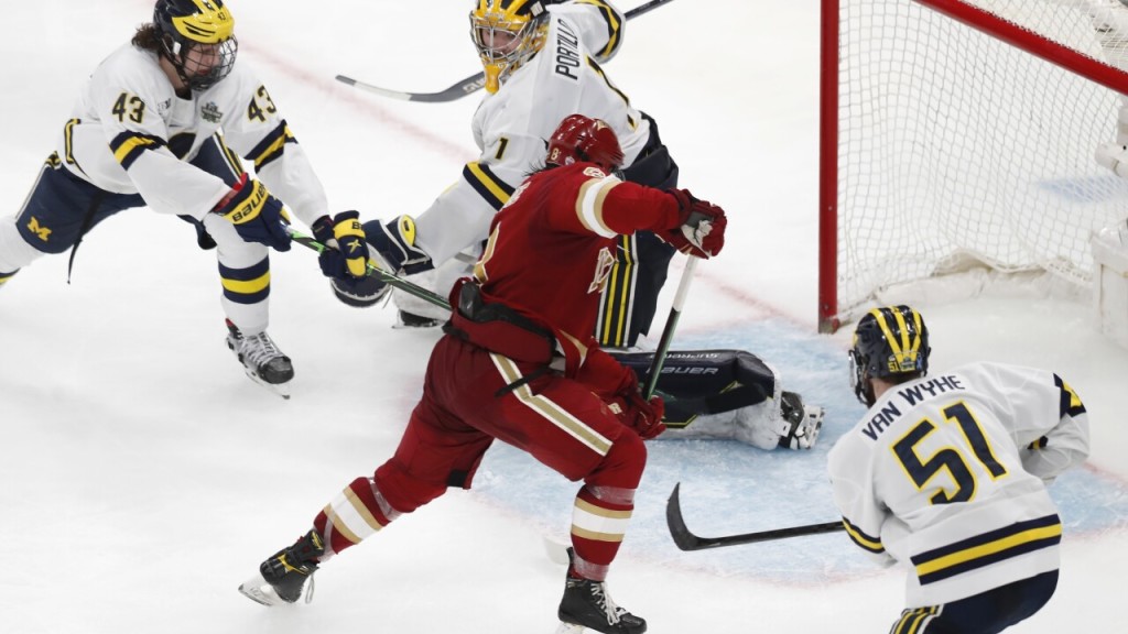 Denver sophomore forward Carter Savoie, of St. Albert, ALB., scored this game-winning OT goal over Michigan yesterday, sending Denver to the NCAA Frozen Four Championship Game in Boston today at 5:00PM on ESPN2.