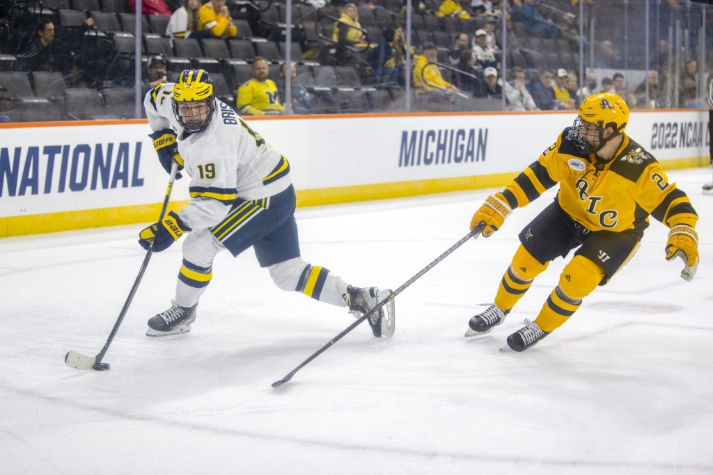 Michigan sophomore forward Brendan Brisson, of Manhattan Beach, CA., scored a goal, and added two assists, helping his team to a 5-3 win over American International College in opening round action of the NCAA Eastern Region in Allentown, PA. last Friday, March 25th.  Brisson is first on his team in goals scored, with twenty-one, and is sixth in assists, with twenty-one.  Michigan advanced to play Quinnipiac on Sunday, March 27th.